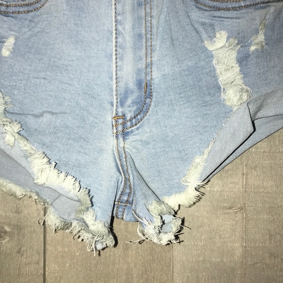 Light Blue Raw Distressed Denim Shorts - Picture 7 of 13